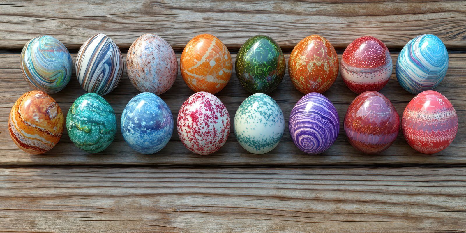 Beautifully decorated eggs arranged in a colorful display on a wooden surface for spring celebration